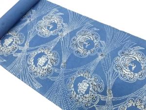 アンティーク　本藍型染　鶴亀模様　帯地反物